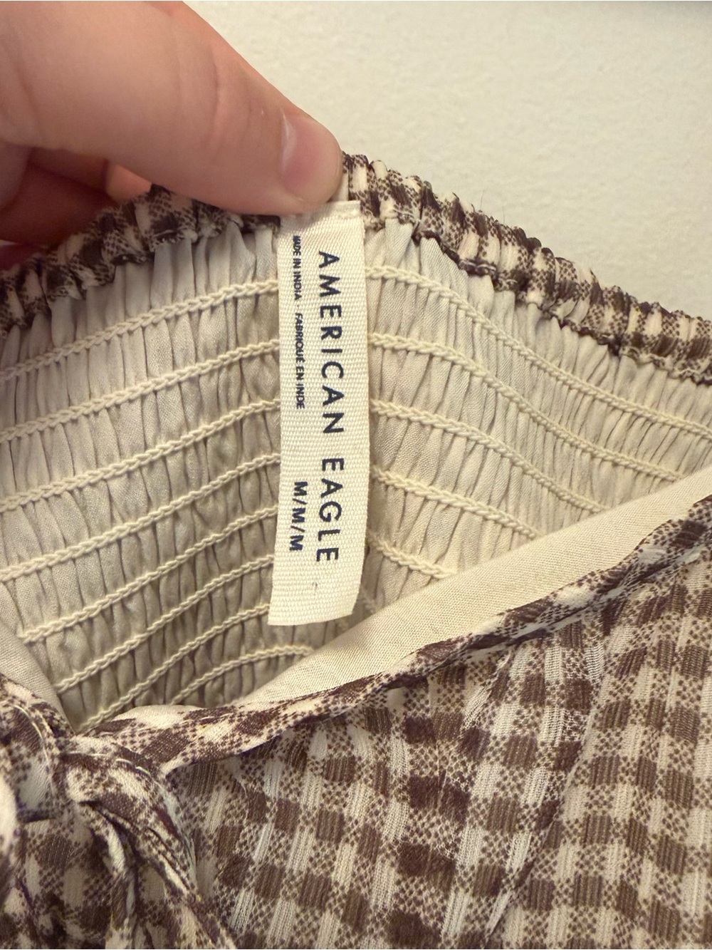 American Eagle Gingham Smocked Tie-Strap Peplum Crop Top | Brown/Cream | Size M - Picture 8 of 8